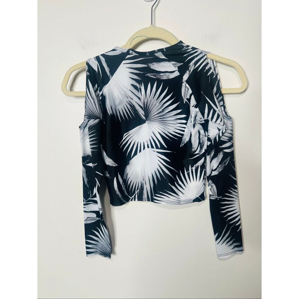 L *Space Sunlit Swim Top Black White Tropical Palm Leaves Cutout Shoulder Longsl - Picture 3 of 8
